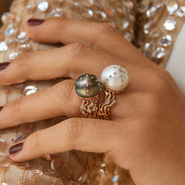 Jellyfish White Pearl Ring in Rose Gold with Diamonds