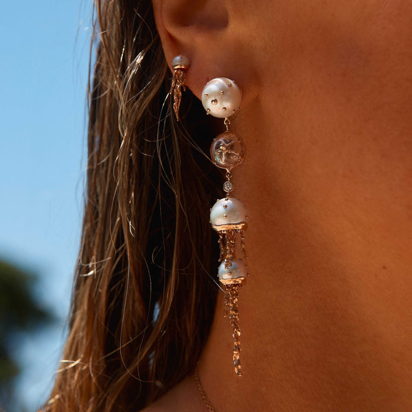 Jellyfish White Pearls and Quartz Drop Earring with Diamonds